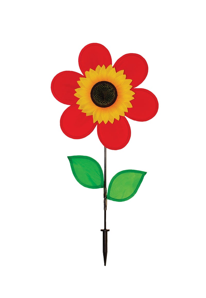 In the Breeze 2774 â€” 12-inch Red Sunflower Wind Spinner with Leaves â€” Colorful Flower for Yard and Garden - Image 1